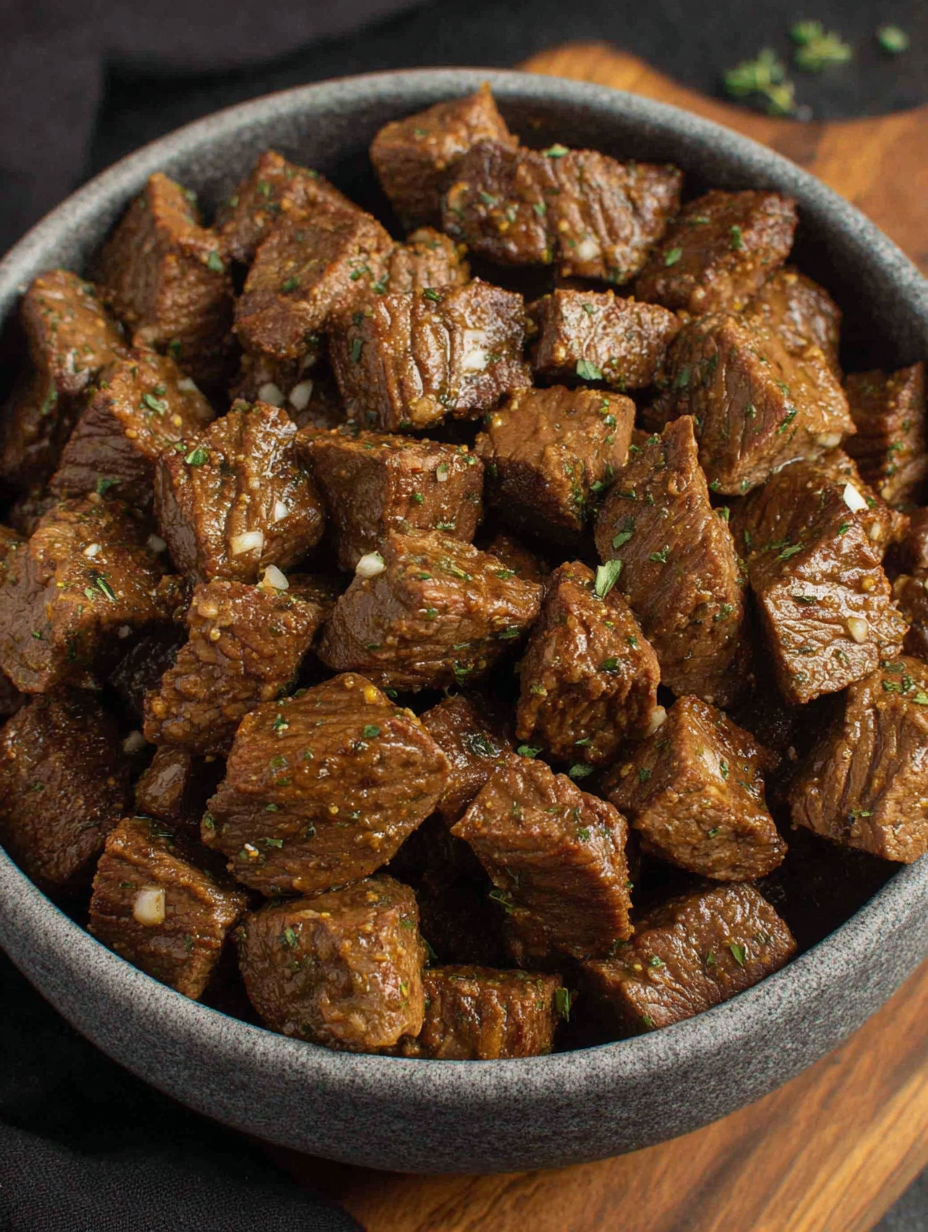 A bowl of beef stew with seasoning.