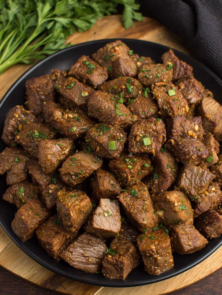 A plate of beef steak bites with green onions.
