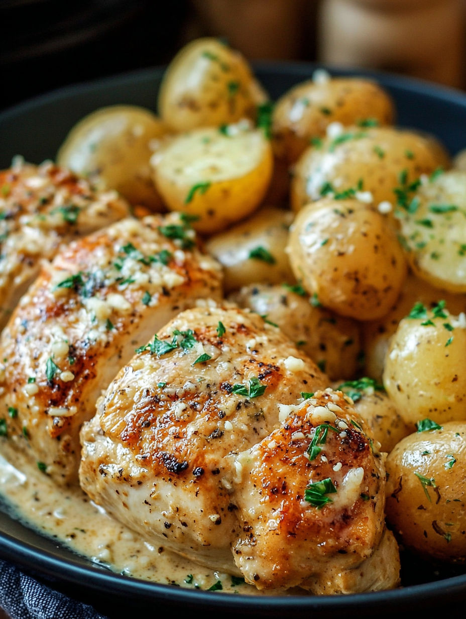 A bowl of chicken and potatoes with garlic and Parmesan cheese.