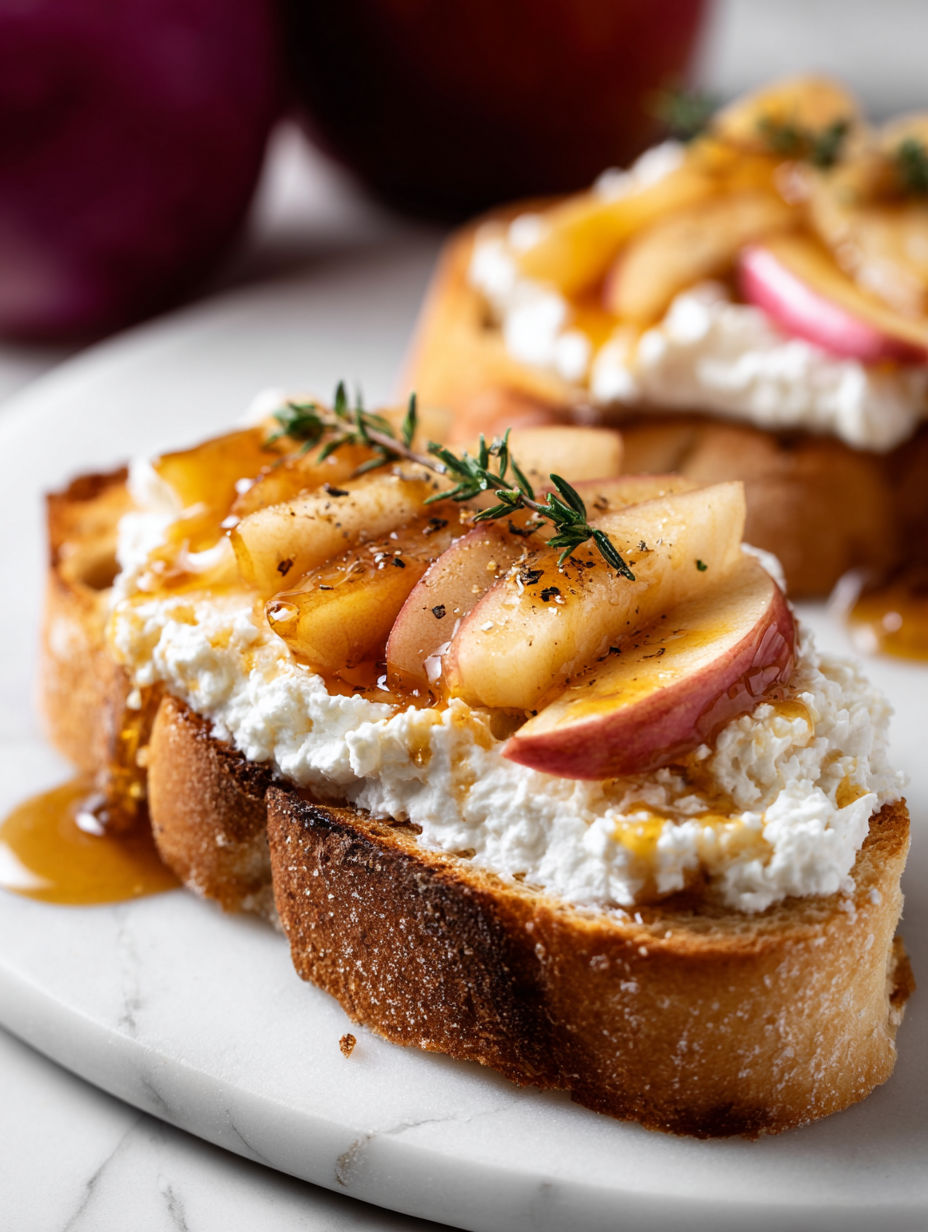 A slice of bread with a caramelized apple and ricotta cheese topping.