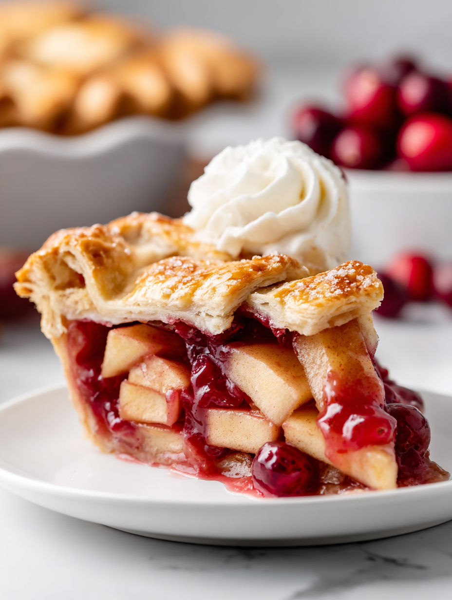 A slice of apple cranberry pie with whipped cream on top.