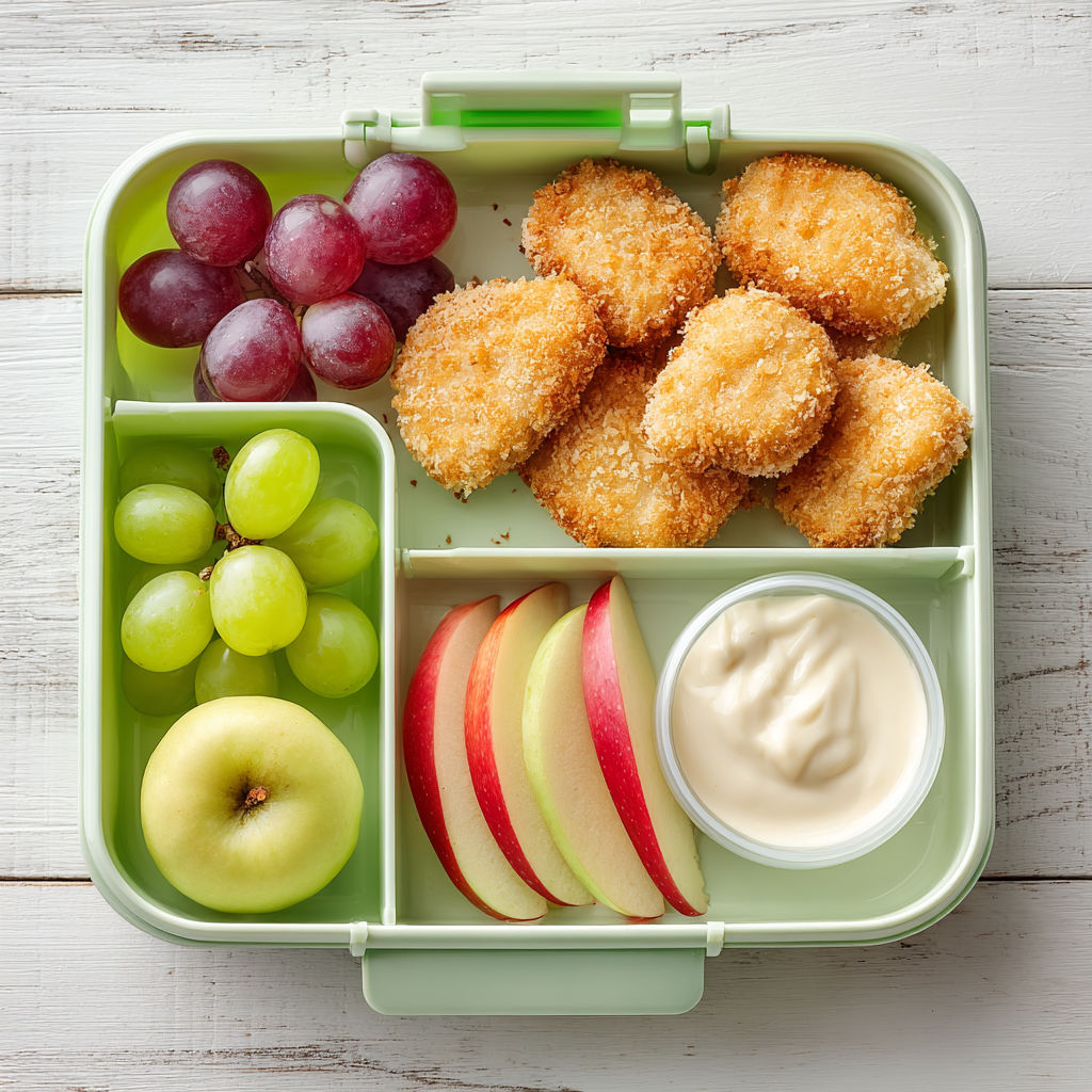 A green bento box with a chicken nugget and a variety of fruits and vegetables.