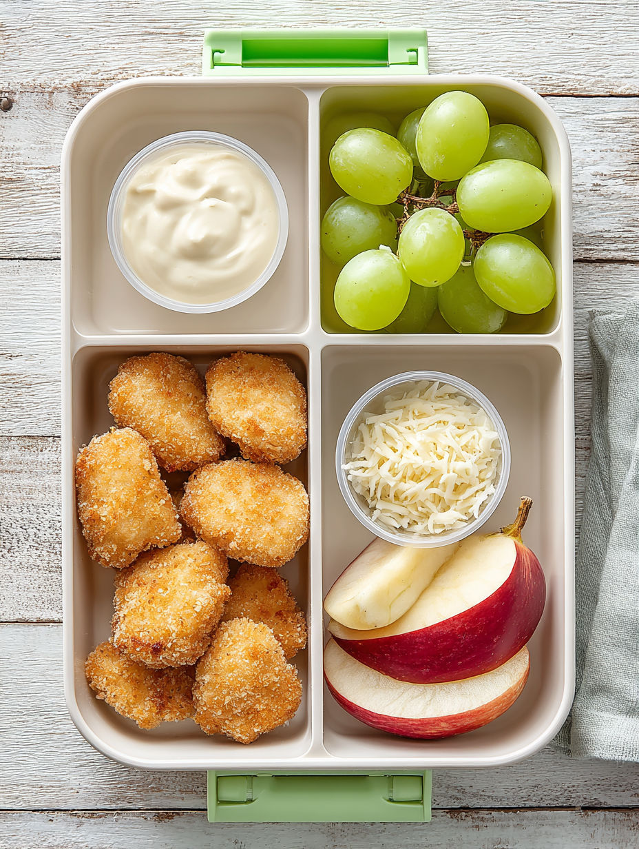 A bento box with chicken nuggets, grapes, and cheese.