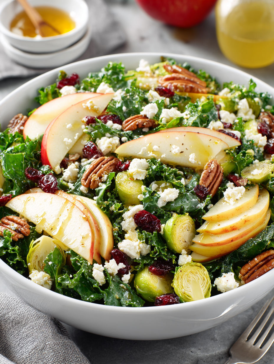 A bowl of salad with apples, pears, and honey dressing.