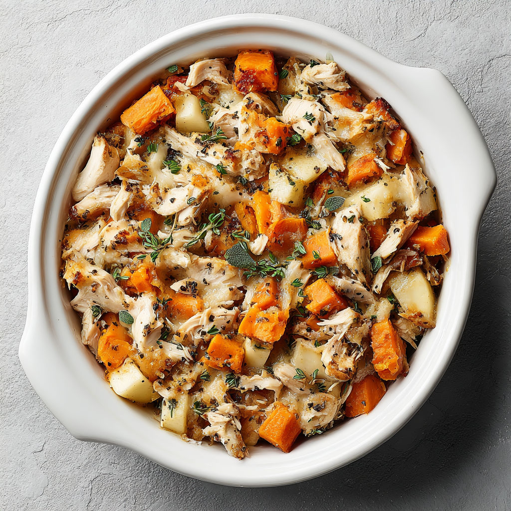 A white bowl filled with a sweet potato and apple casserole.