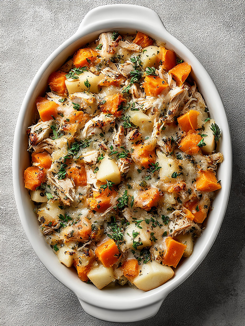 A white bowl filled with a sweet potato and apple casserole.