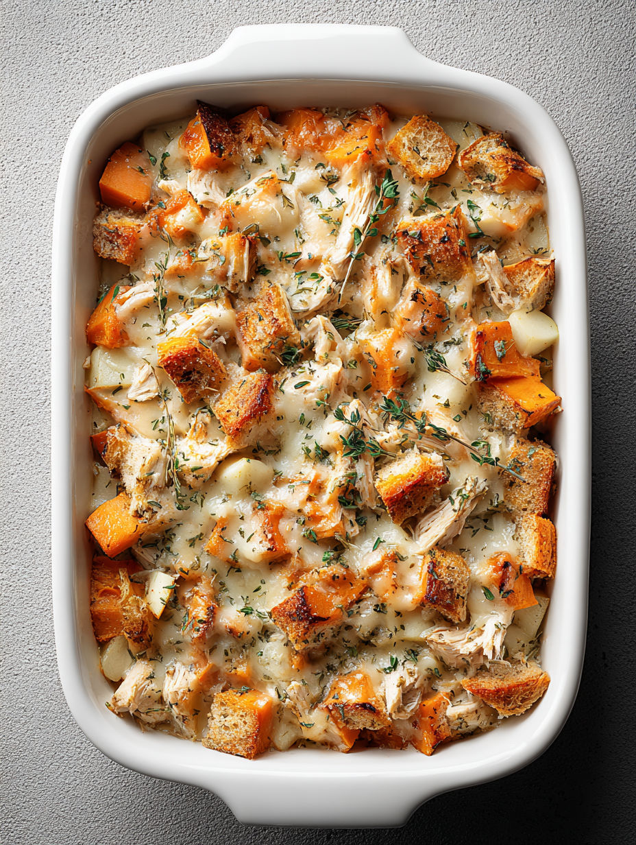 A dish of leftover turkey, sweet potato and apple casserole.