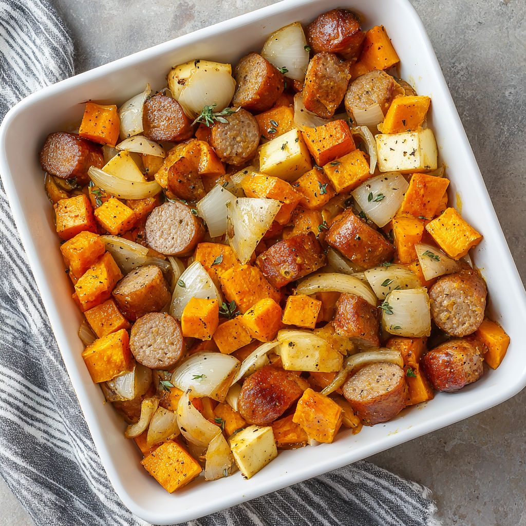 A dish of sausage, potatoes, and onions.