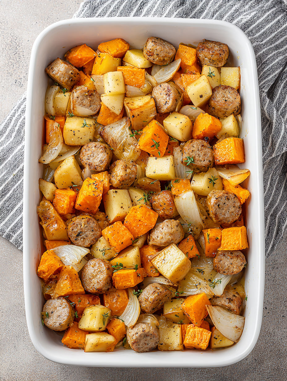 A dish of sweet potatoes, onions, apples, and sausage.
