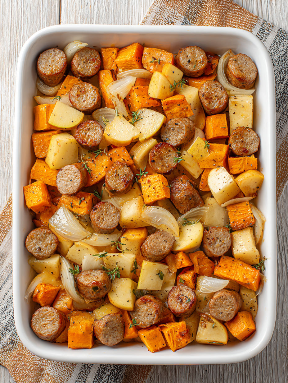 A dish of sausage, sweet potatoes, and onions.