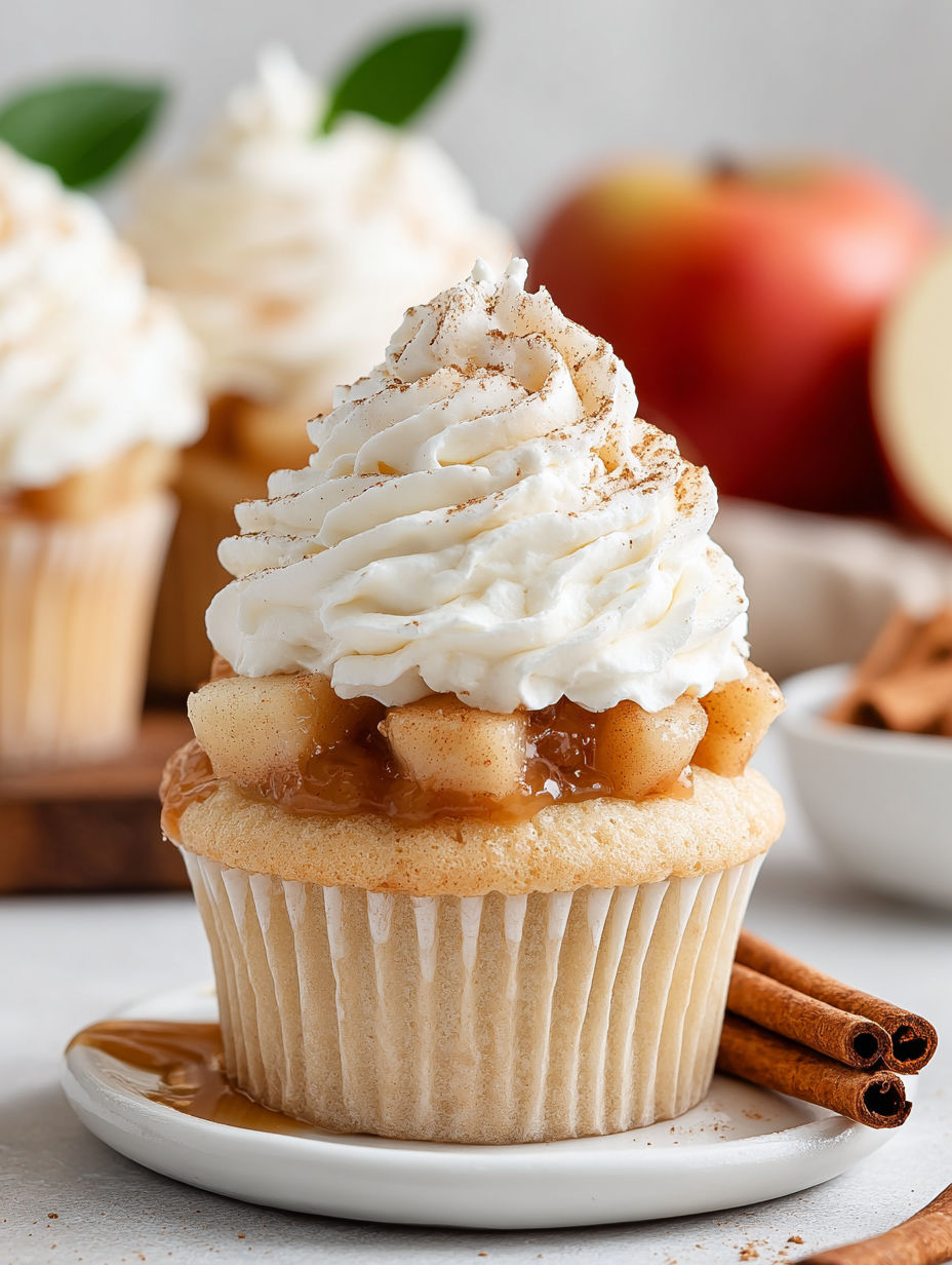 A cupcake with a whipped cream topping and a slice of apple on top.