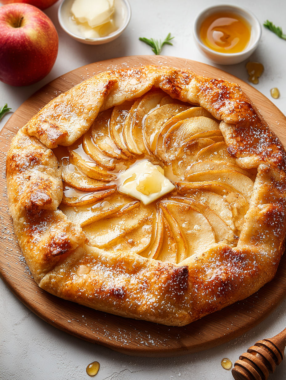 A galette with a slice of apple and honey on top.