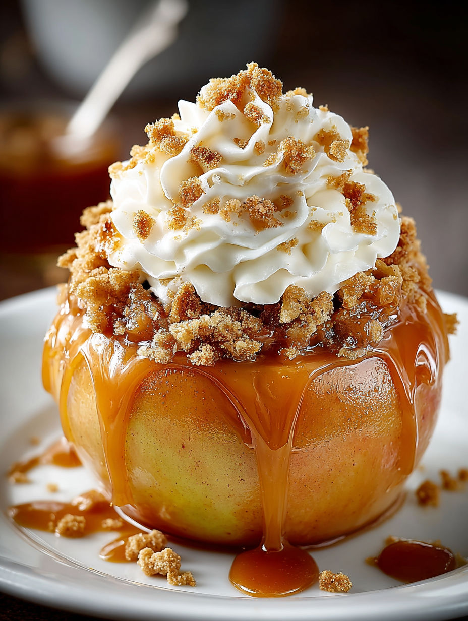 A dessert with a caramel sauce and whipped cream on top.