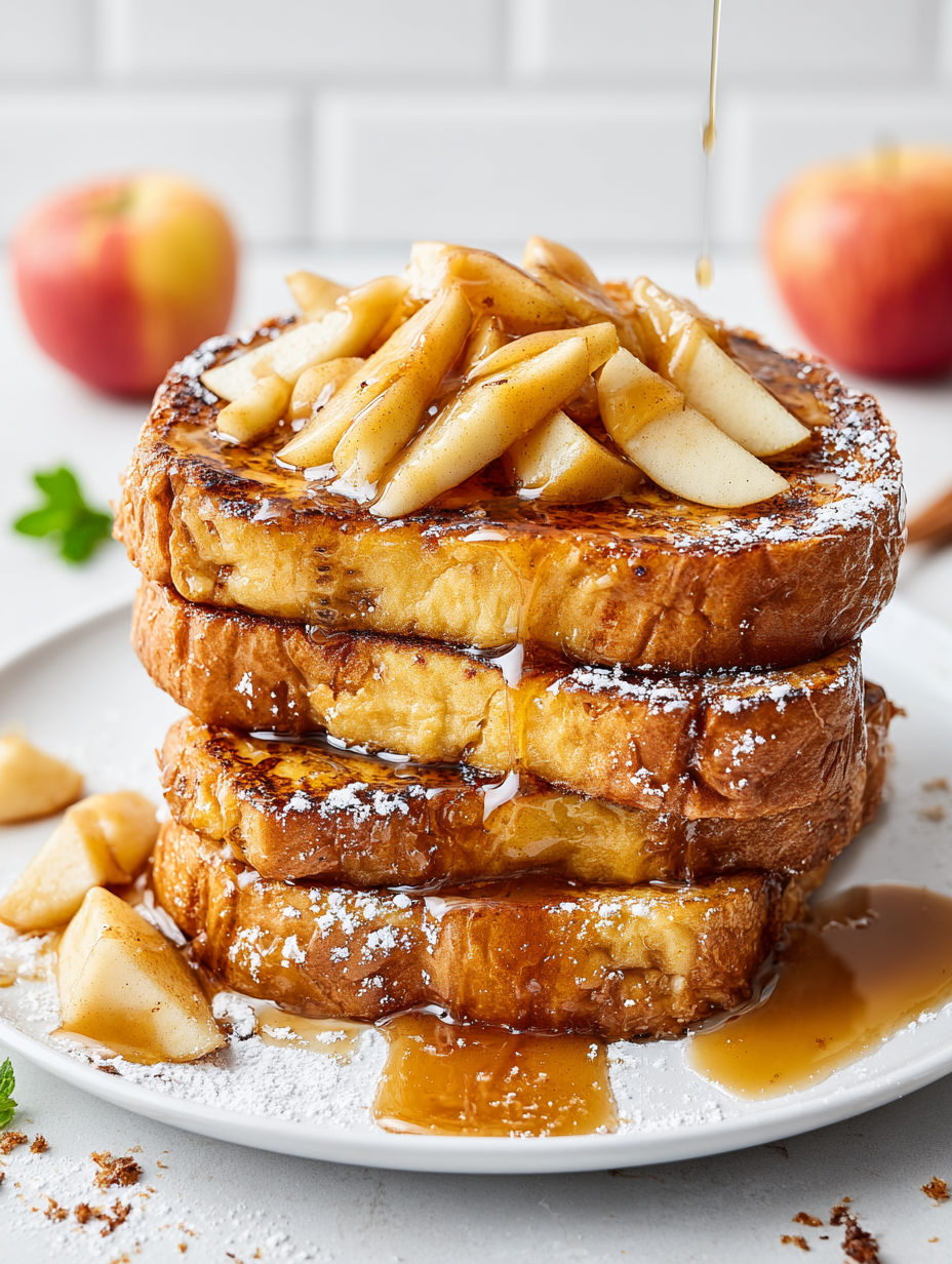 A stack of French toast with caramel drizzled on top.