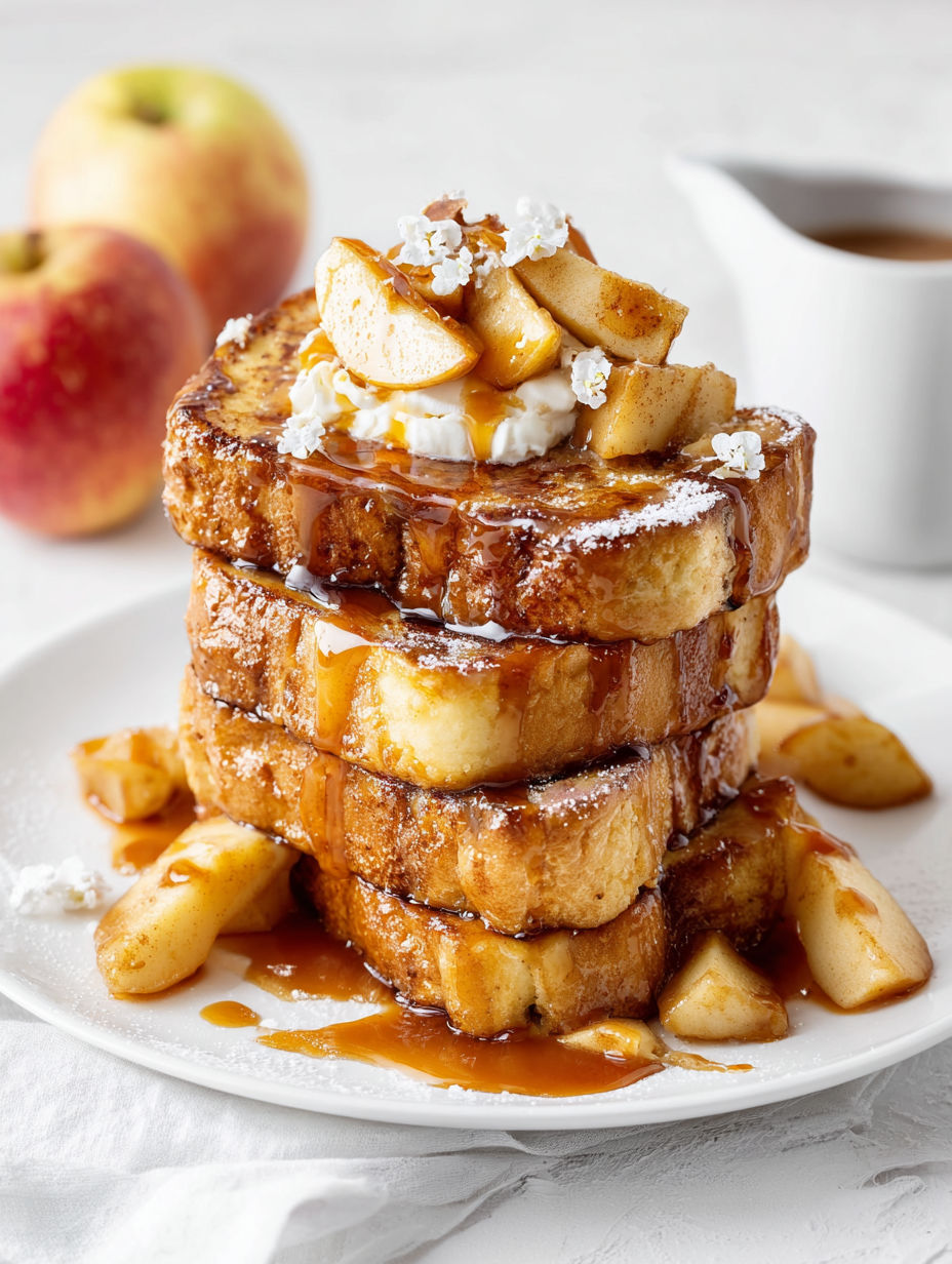 A stack of French toast with caramel sauce on top.