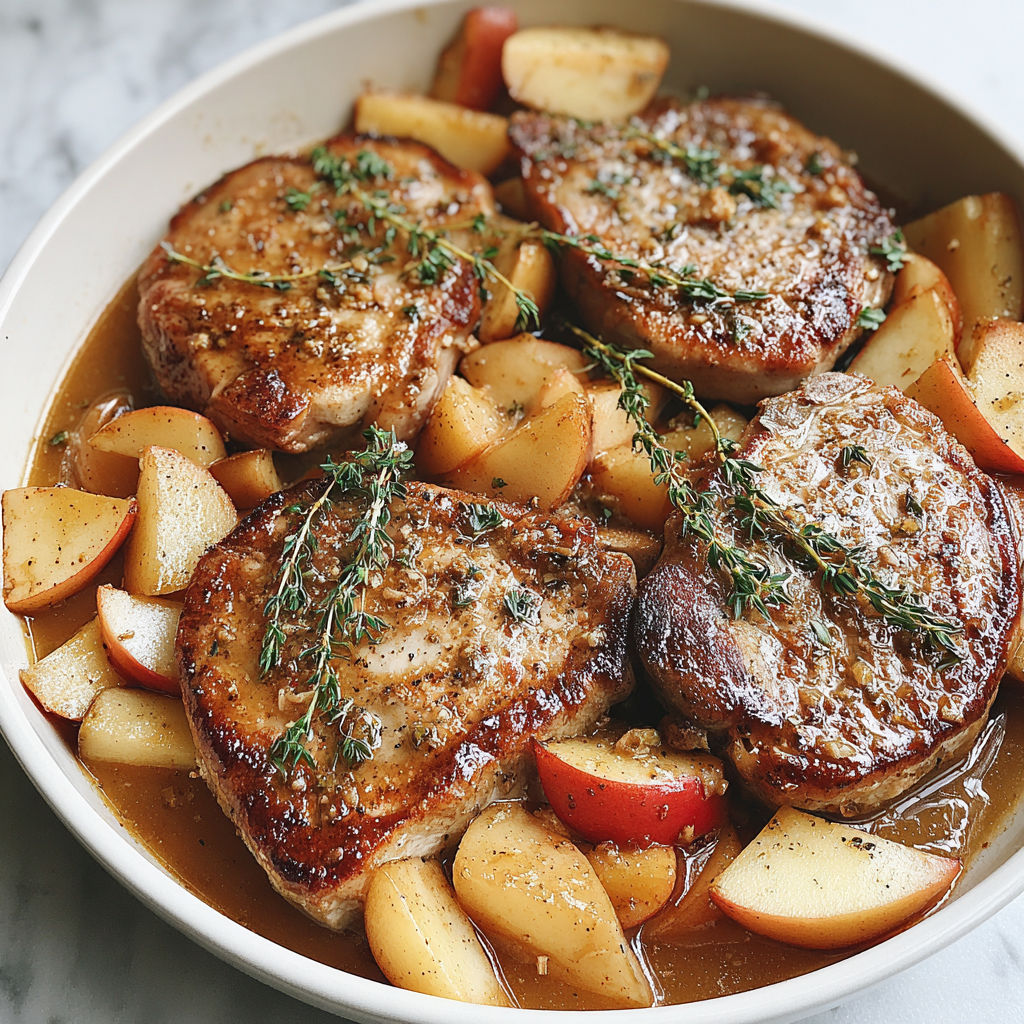 A bowl of pork chops with apples and herbs.