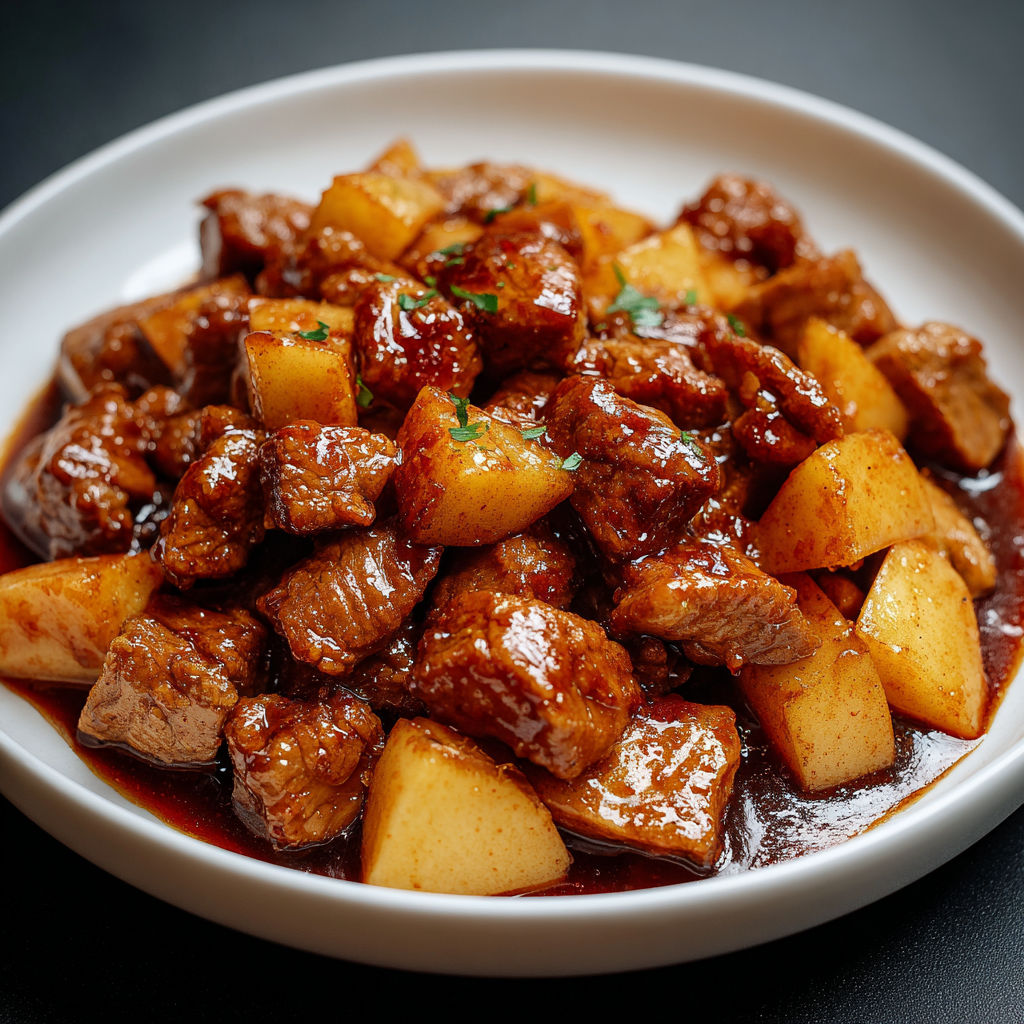 A white plate with a bowl of meat and potatoes.