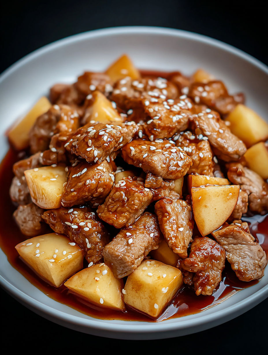 A bowl of caramelized pork and apples.