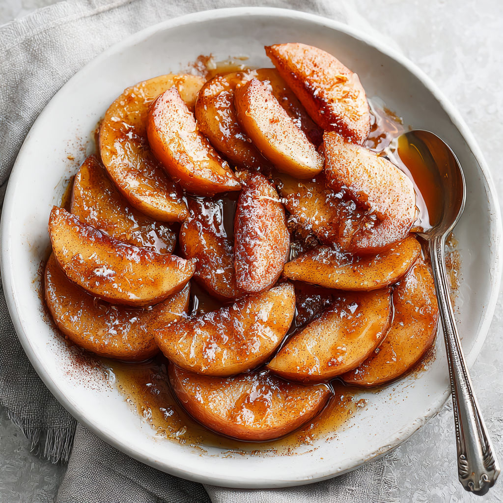 A plate of baked apple slices with cinnamon and sugar.