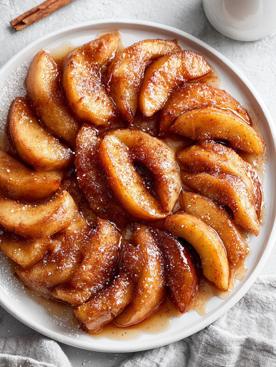 A plate of baked apple slices with cinnamon and sugar.