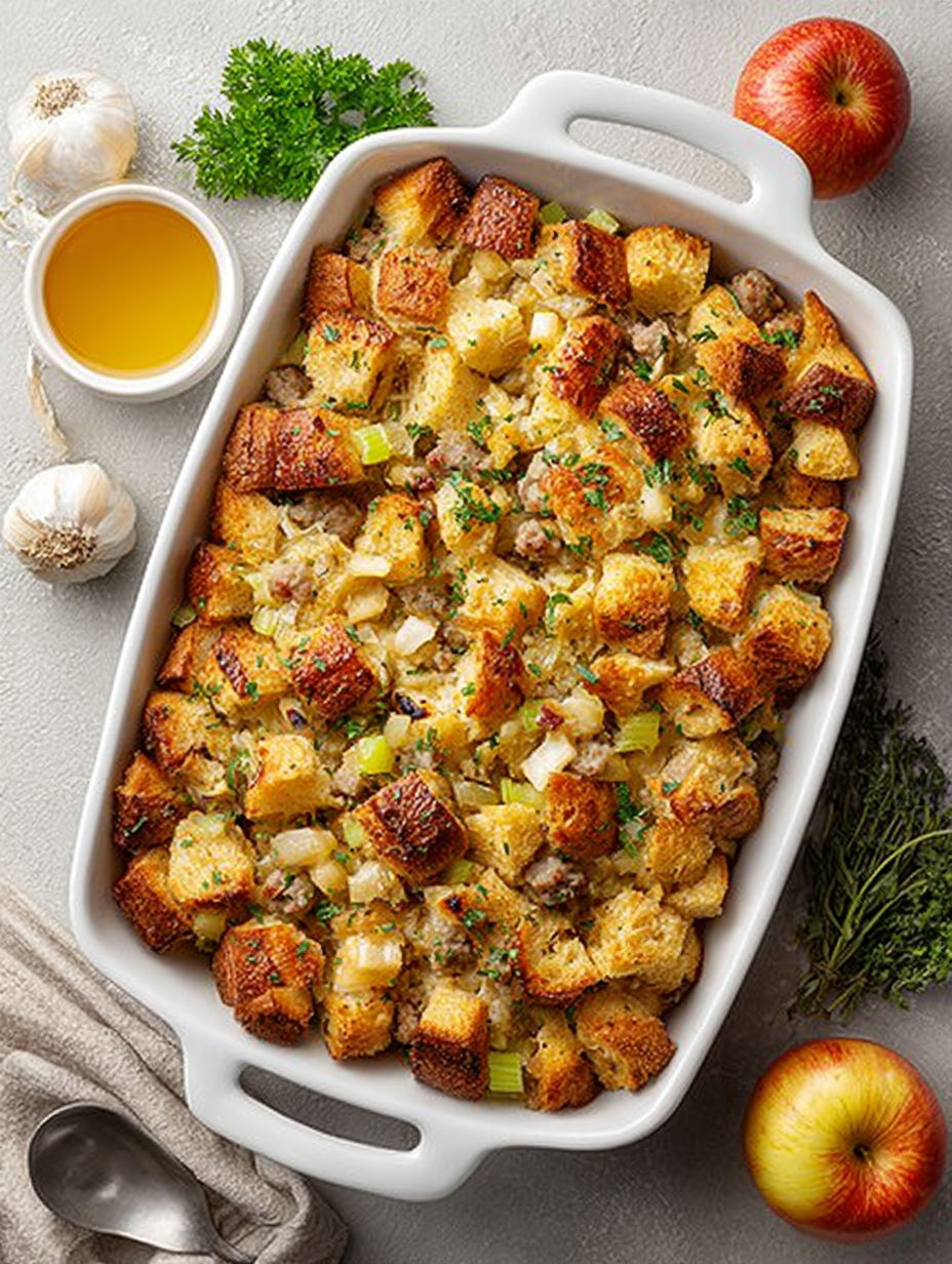 A dish of sausage stuffing with a side of apples.