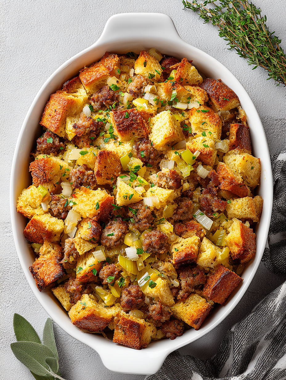 A white bowl filled with sausage stuffing.