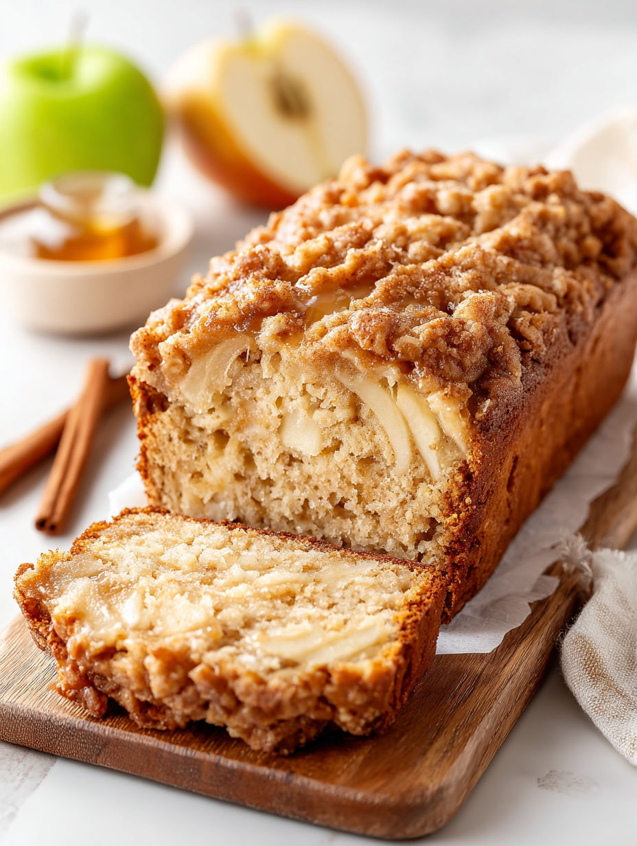 A slice of gluten-free cinnamon apple bread.