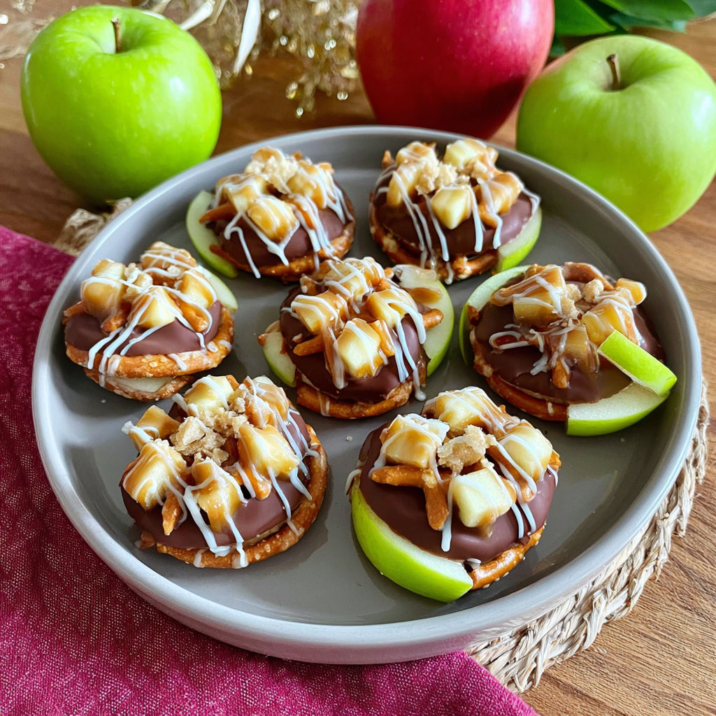 A plate of caramel apple pretzel bites.