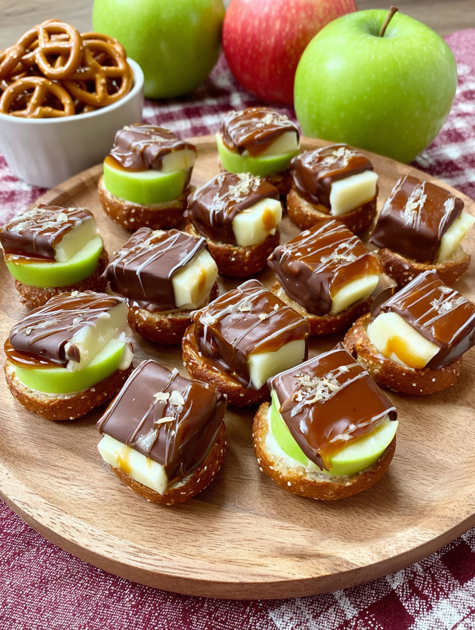 A plate of caramel apple pretzel bites.