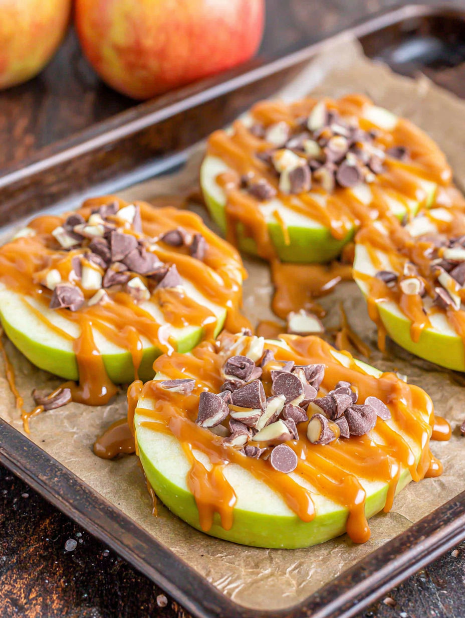 A close up of a caramel apple slice.