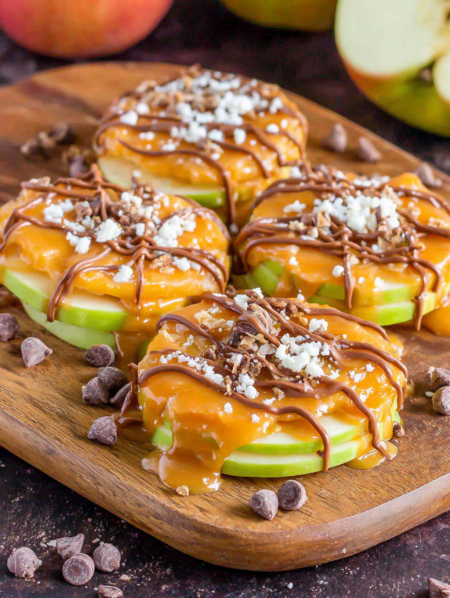Caramel apple slices on a wooden board.