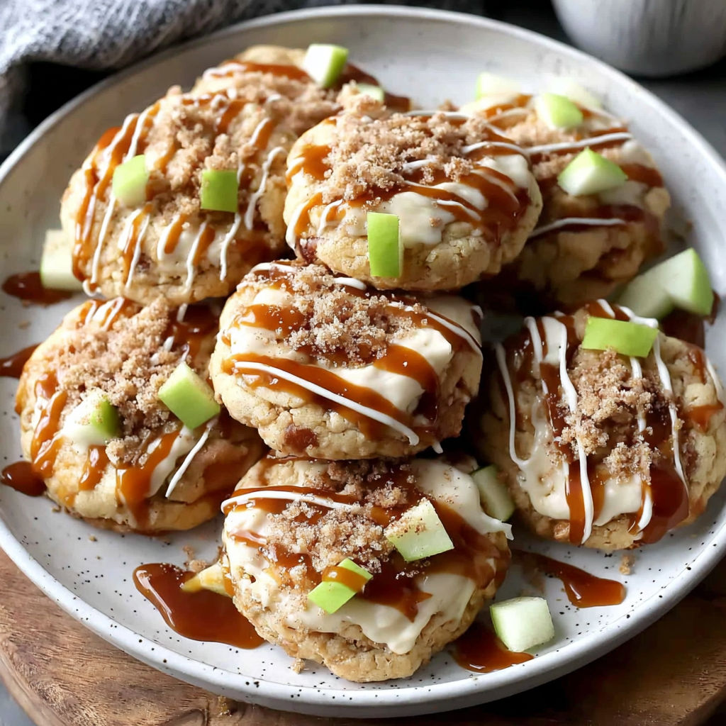 A plate of cookies with caramel drizzled on top.