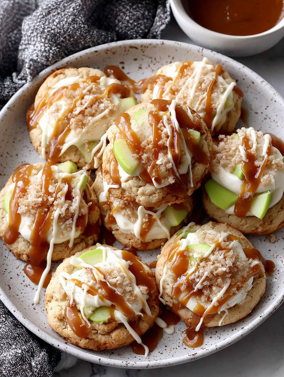 A plate of cookies with caramel drizzled on top.