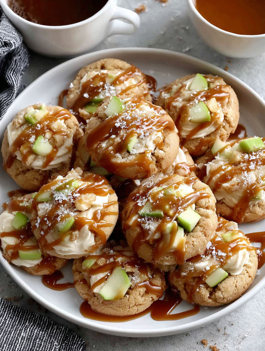 A plate of cookies with caramel drizzled on top.