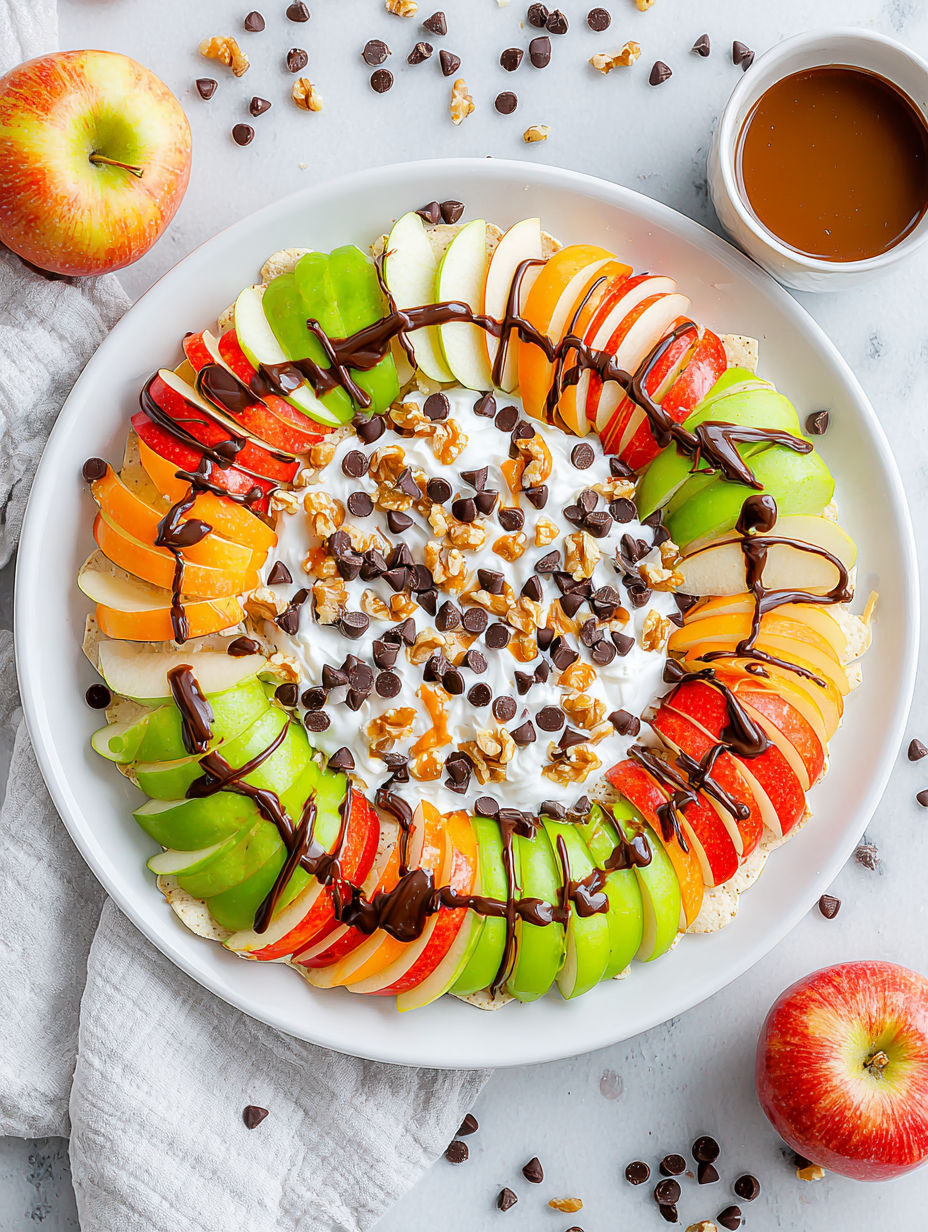 A plate of fruit with chocolate drizzled on top.