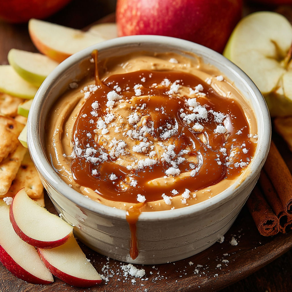 A bowl of caramel dip with apples and crackers.