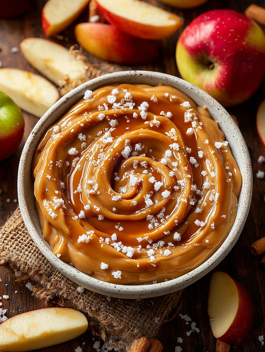 A bowl of caramel dip with a spoon in it.