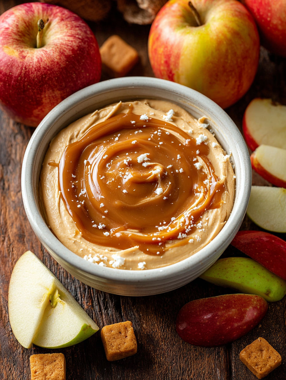 A bowl of caramel dip with apples and walnuts.