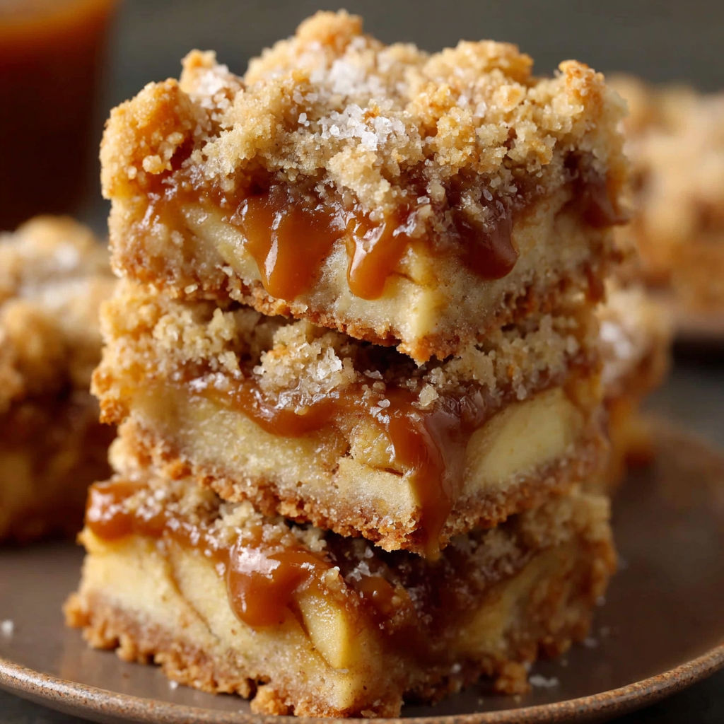 A stack of caramel apple crumble bars.