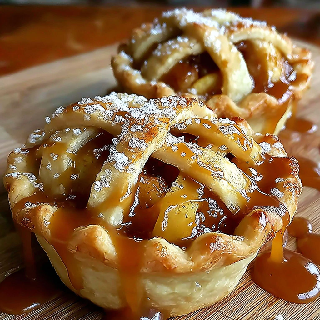 Two mini pies with caramel sauce and apple filling.