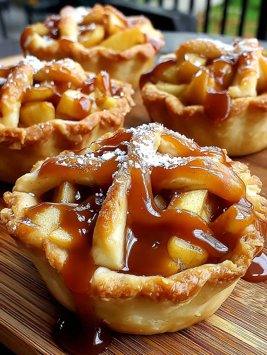 Three mini pies with caramel sauce and apple toppings.