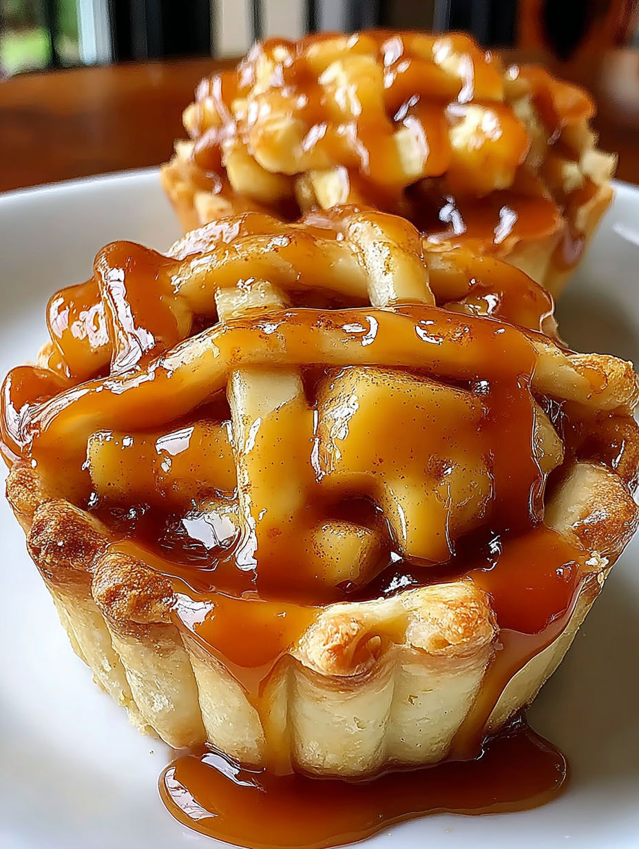 Two mini pies with caramel sauce.