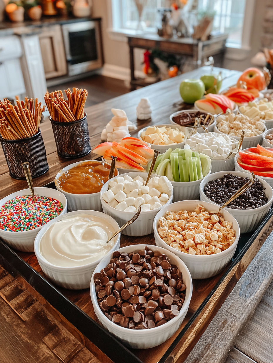 A table full of various foods and toppings for caramel apples.