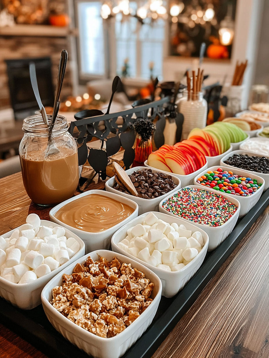 A table with a variety of toppings for caramel apples.