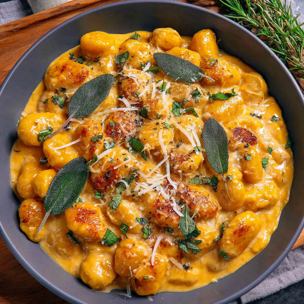 A bowl of creamy pumpkin gnocchi.