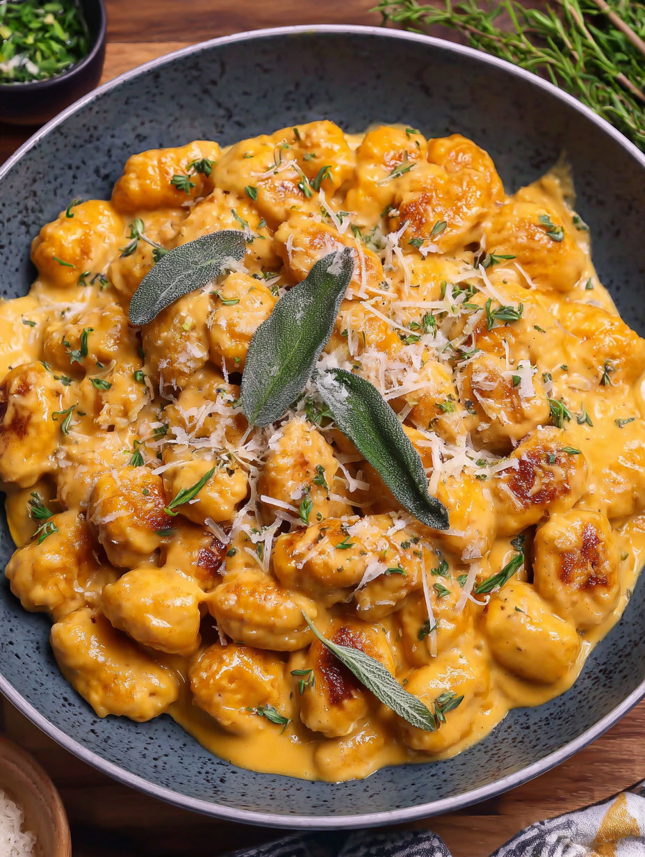 A bowl of creamy pumpkin gnocchi.