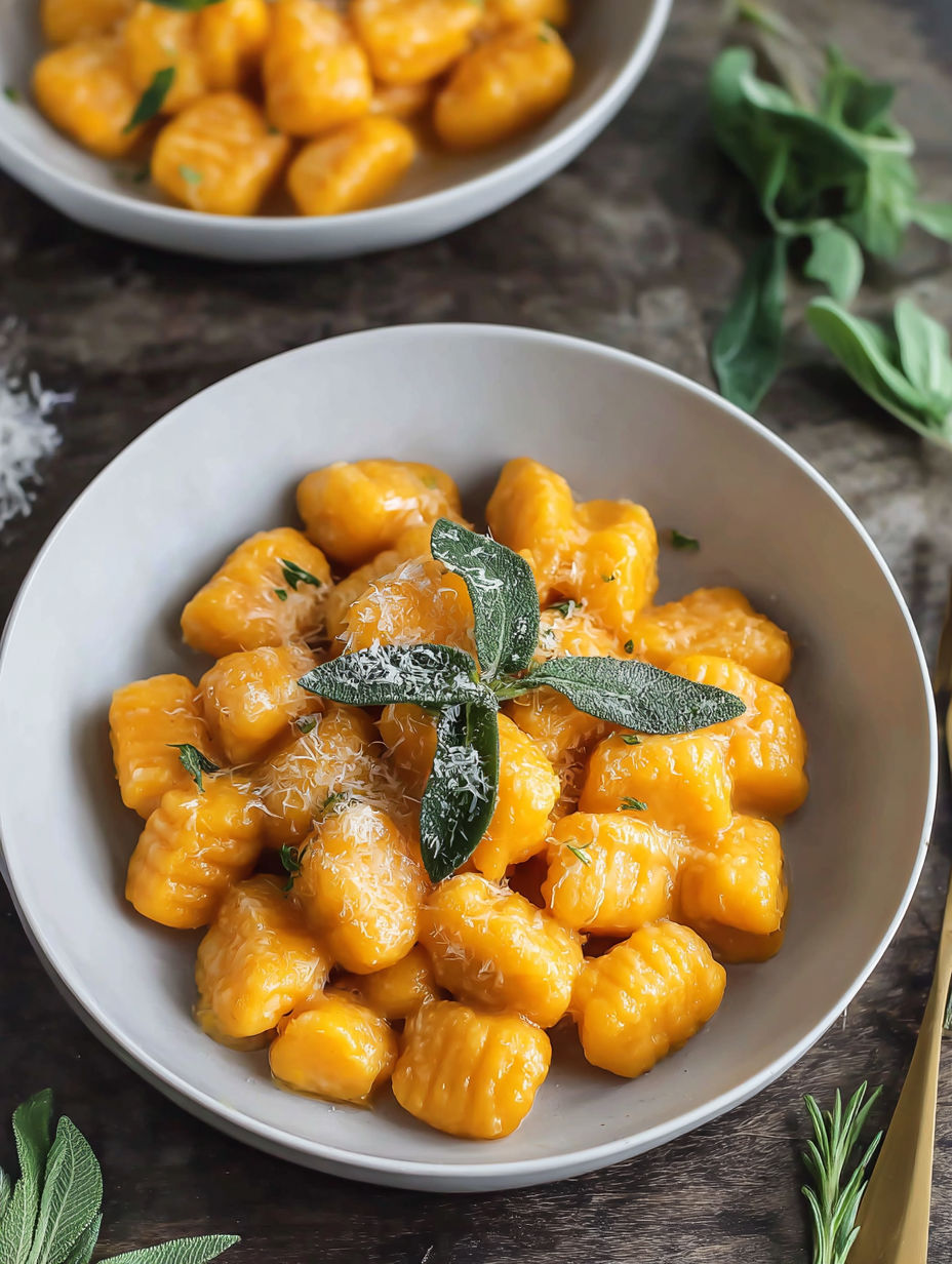 A bowl of pumpkin gnocchi with vegan sage butter.