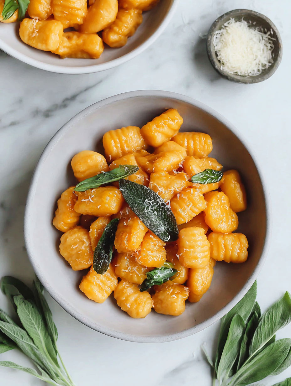 A bowl of pumpkin gnocchi with vegan sage butter.