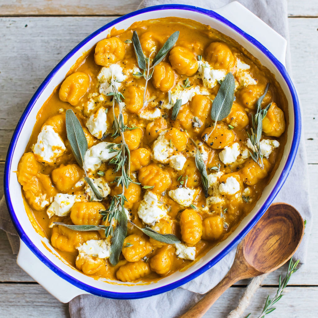 A bowl of pumpkin gnocchi bake with cheese and herbs.