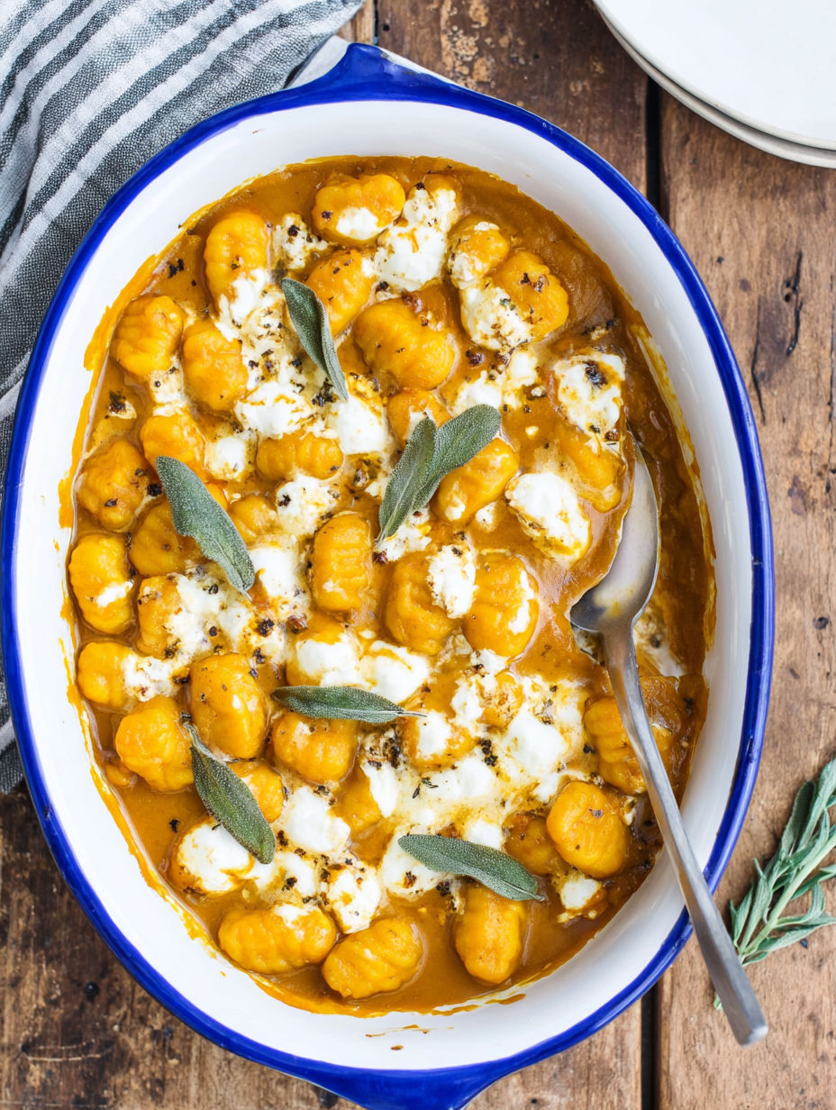 A bowl of pumpkin gnocchi bake with a spoon in it.